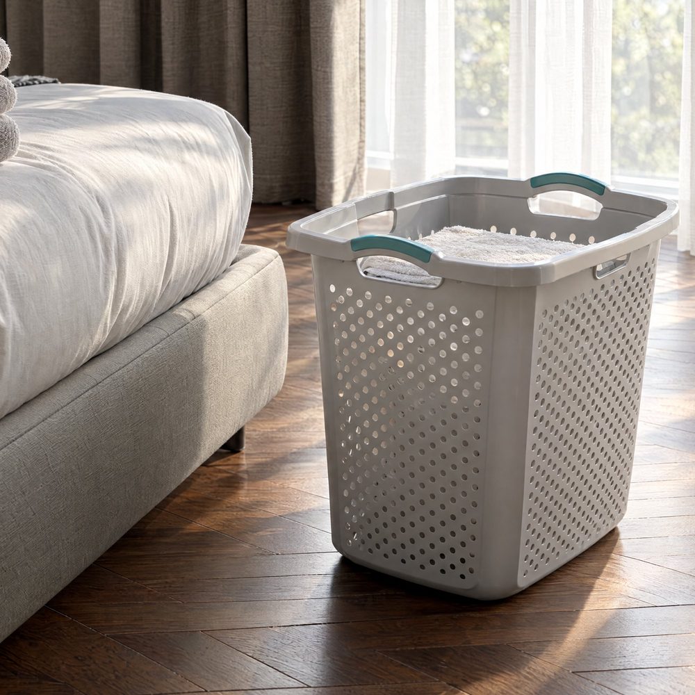 CGI render of a laundry basket beside a bed