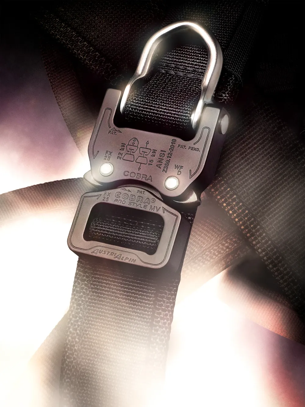AustriAlpin Cobra buckle composited with a glowing backlit atmosphere