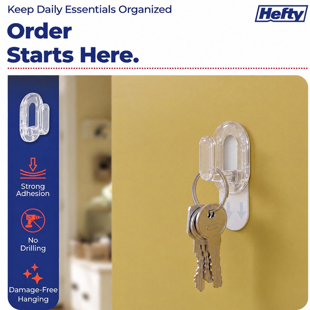 Hefty adhesive hook listing graphic with keys hanging on a wall