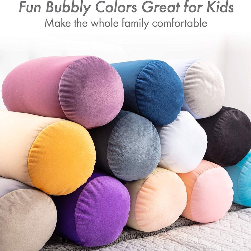 Colorful bolster pillows stacked for a kids listing graphic