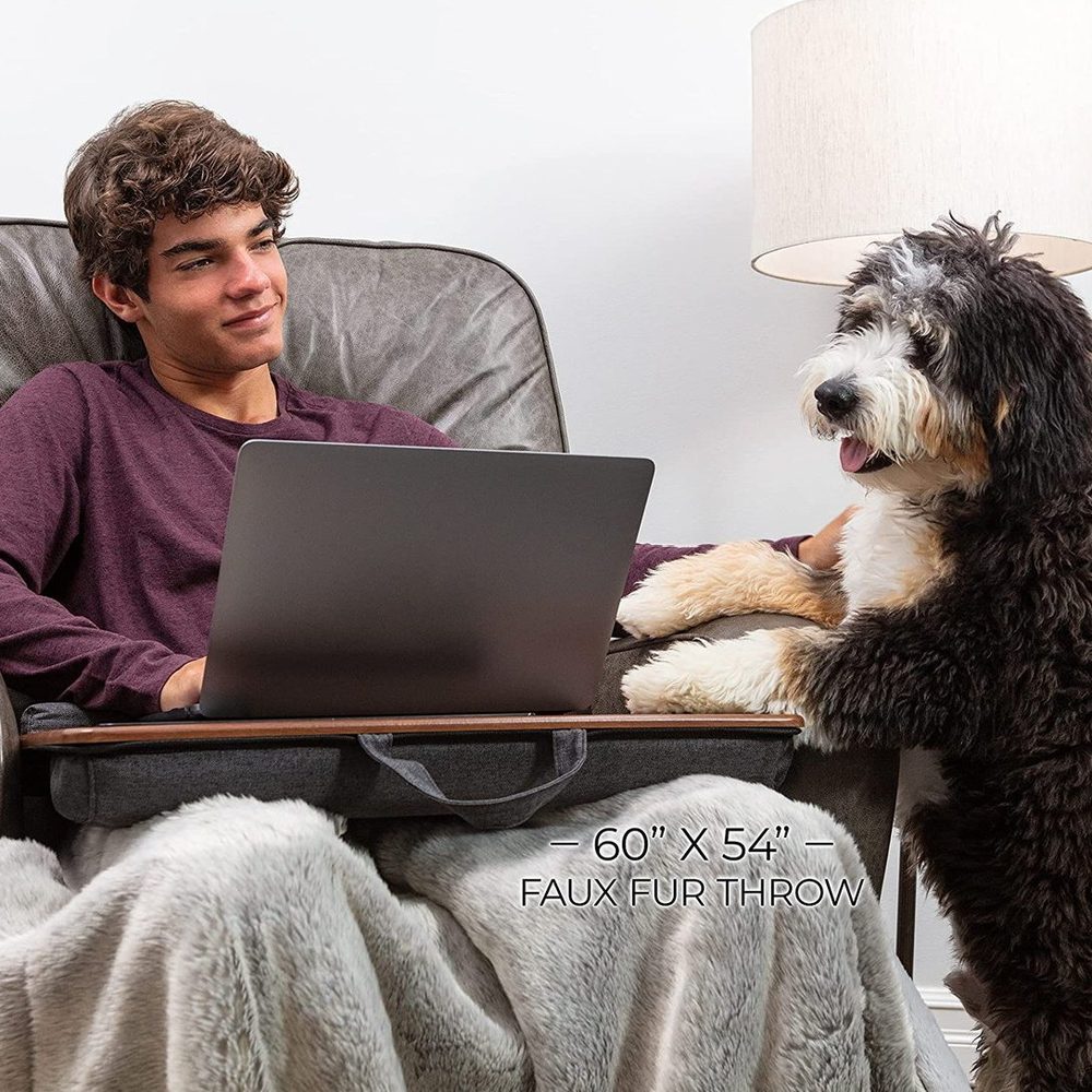 Teen with a laptop on a lap desk next to a dog on the sofa