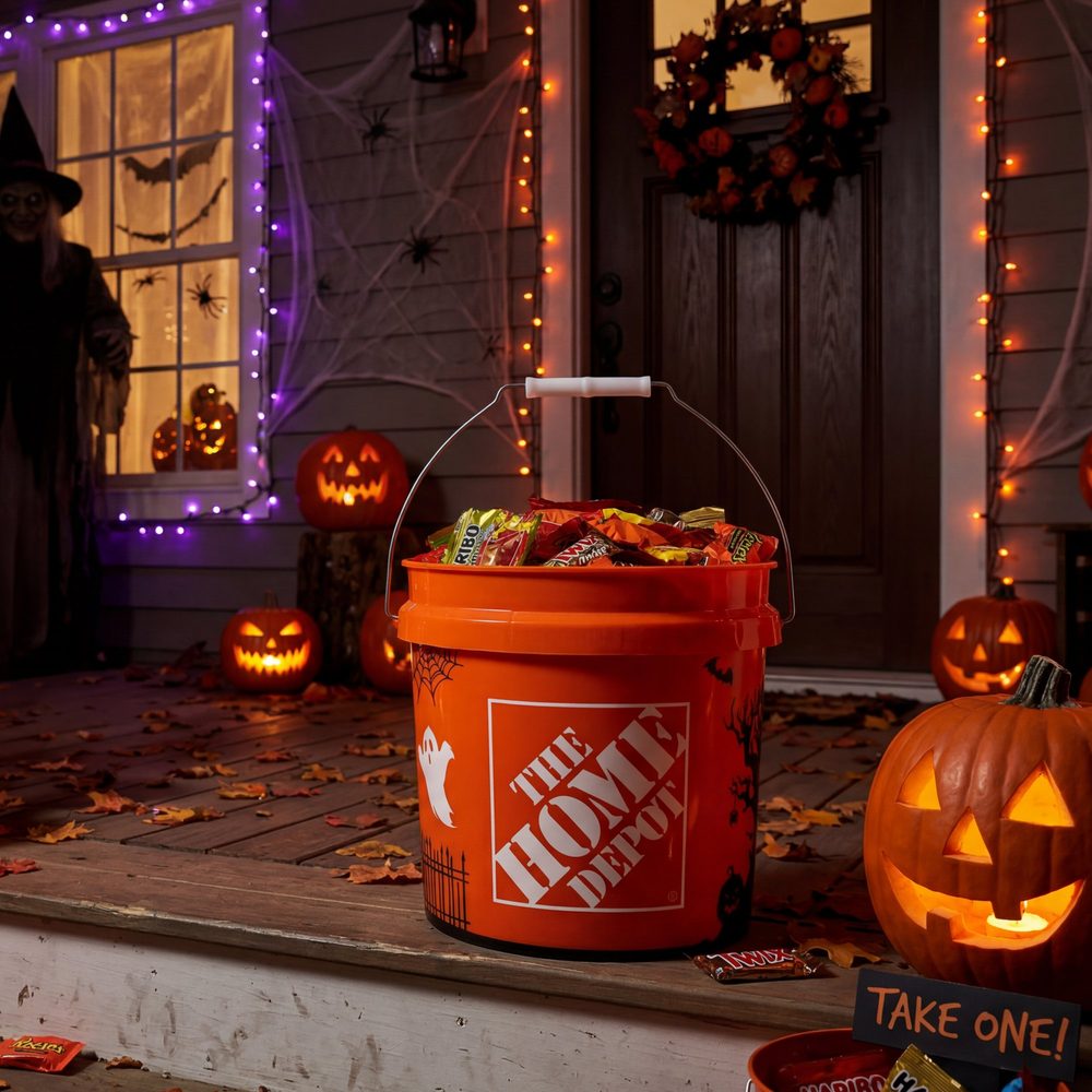 Home Depot Halloween bucket on a decorated porch