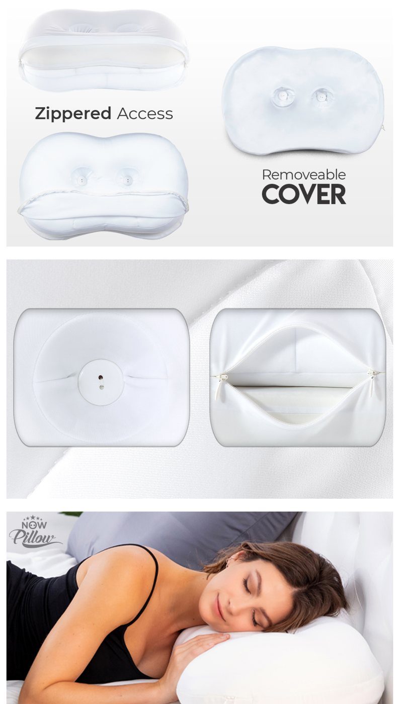 Pillow listing image showing the zippered cover and in-use photo