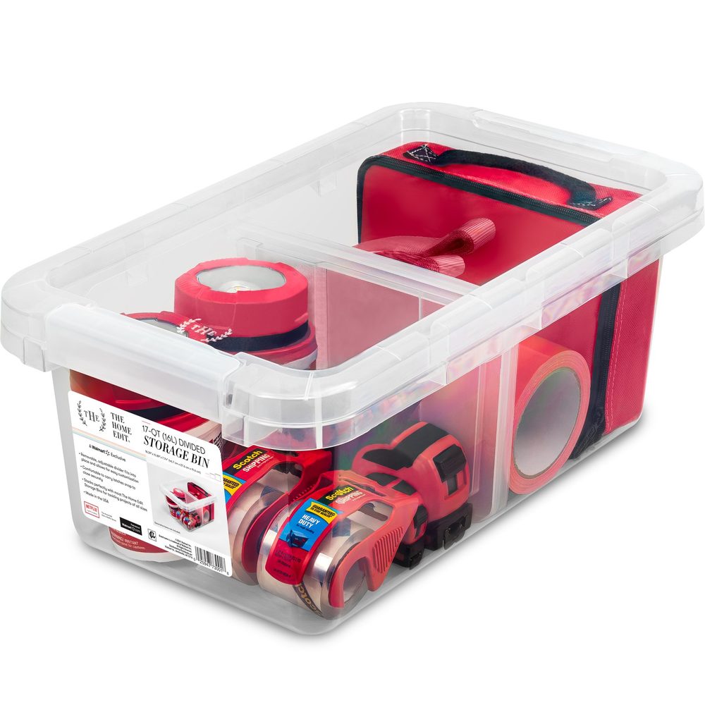 The Home Edit clear storage bin styled with red accessories on white