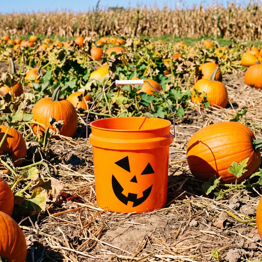 Orange jack-o’-lantern bucket in a pumpkin patch