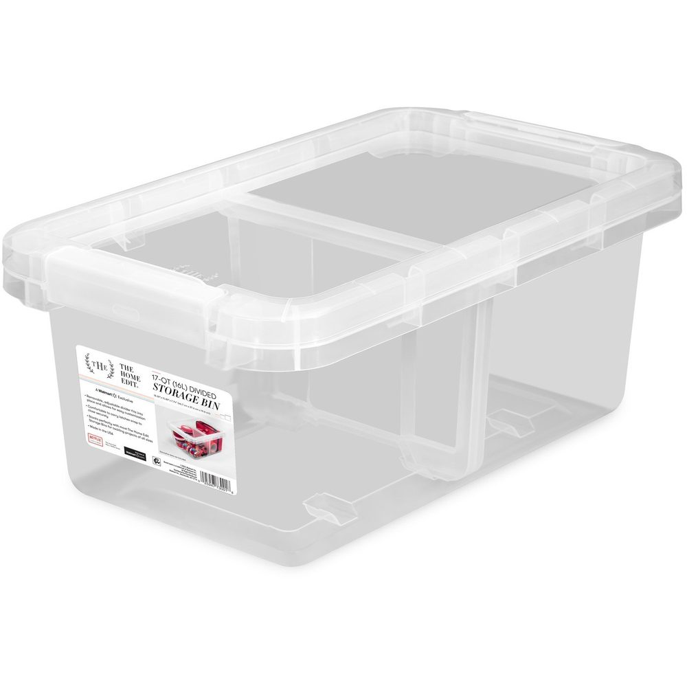 Clear plastic storage bin with lid on white