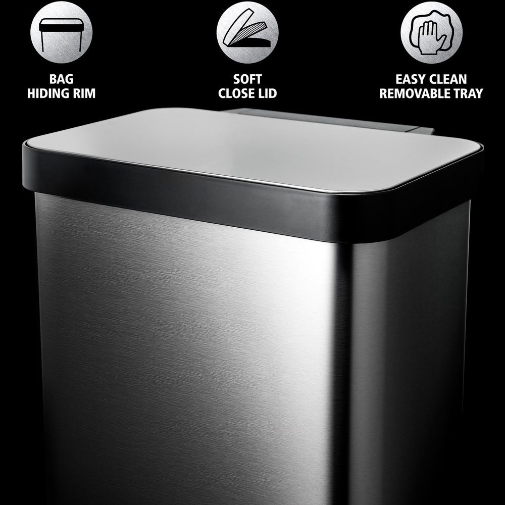 Stainless steel trash can listing graphic with feature icons