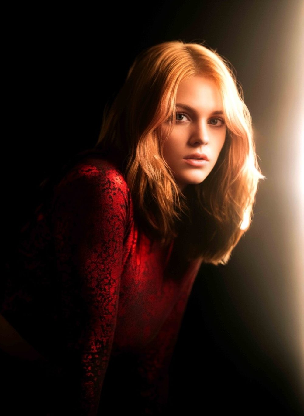 Portrait of a woman with long hair in a red lace top, lit against a dark backdrop